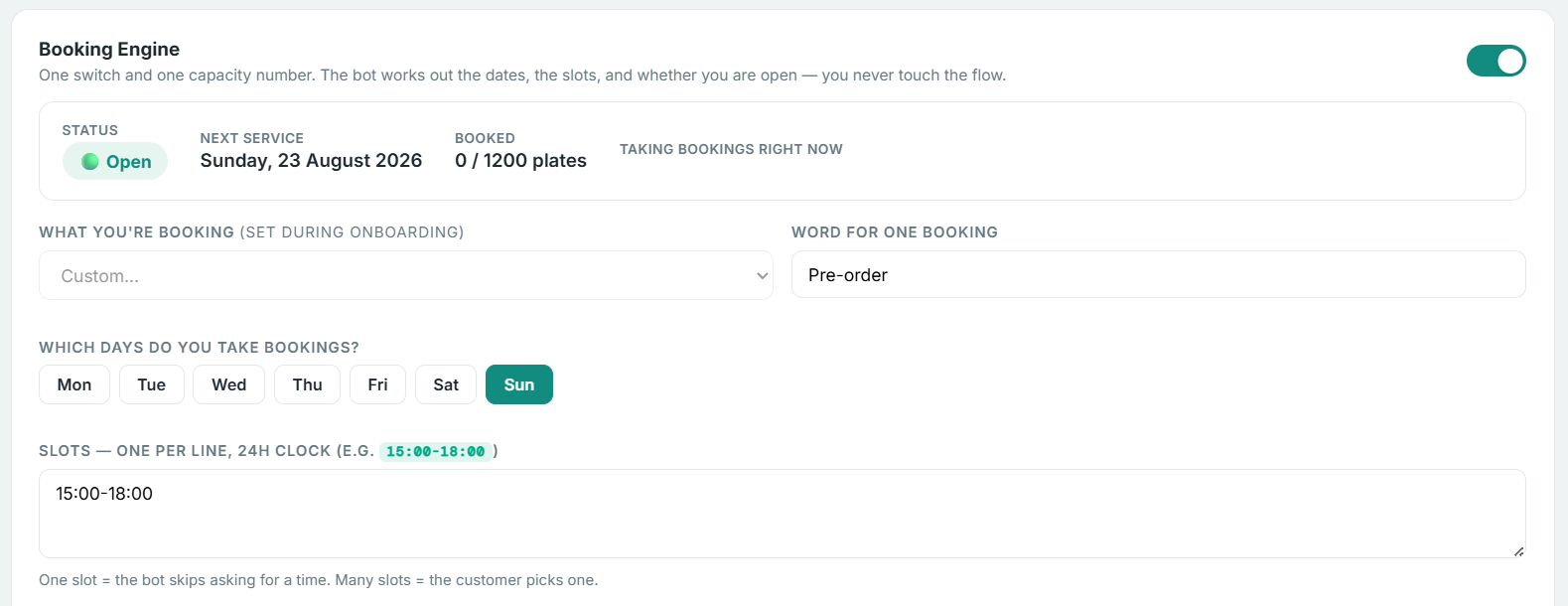 Cosmos Connect booking engine — Sunday-only pre-order config with day chips, capacity counter and time slots